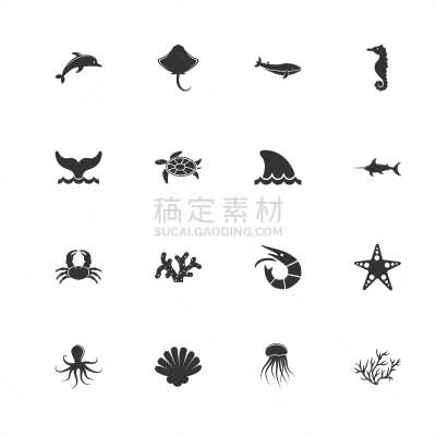 平坦的,海洋生命,自然,海产,水母,海洋,鲸,海豚,海星,海马