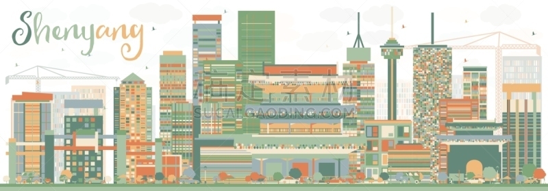 城市天际线,沈阳,彩色图片,抽象,建筑外部,商务,云,鸟类,剪影