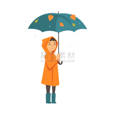 雨衣,伞,儿童,矢量,绘画插图,平衡折角灯,动画片,在下面,茄克,寂寞