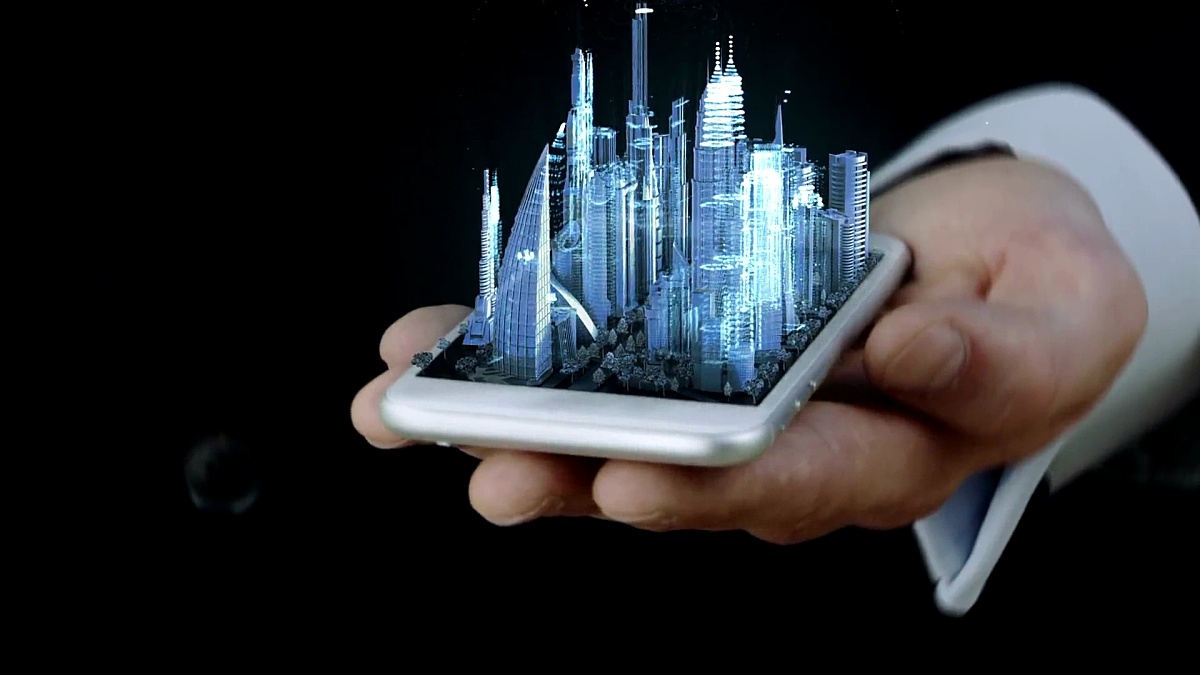 商人手持蓝色透明3D城市全息手机