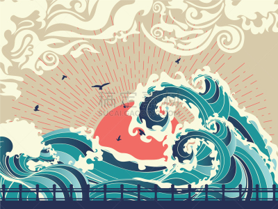 海洋,巨大的,波浪,创造力,自然,华丽的,传统,图像,日落,装饰