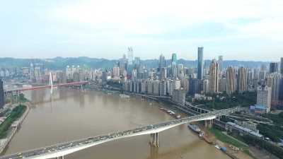 蓝云天空中近河现代城市鸟瞰