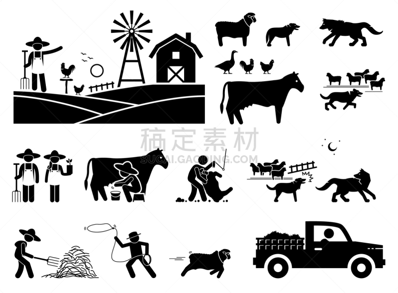 传统,谷仓,简笔人物画,农民,农业,牧羊犬,狗,警犬,山羊,农场
