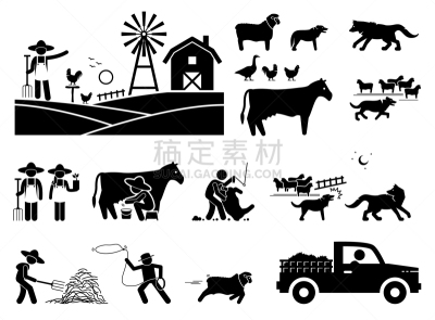 传统,谷仓,简笔人物画,农民,农业,牧羊犬,狗,警犬,山羊,农场