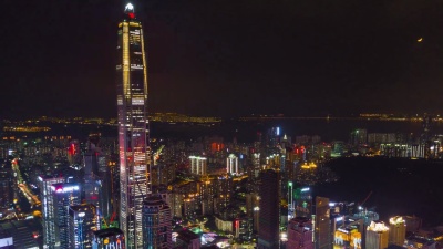 中国夜景深圳市区KK100大厦空中全景 时间间隔