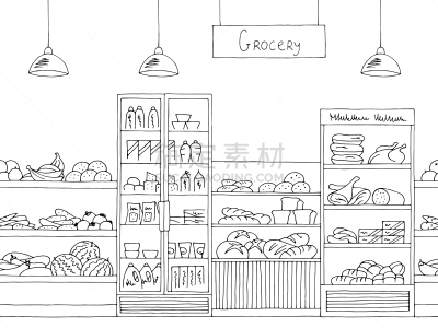 四方连续纹样,矢量,商店,白色,黑色,草图,食品杂货,绘画插图,商业内部,插画