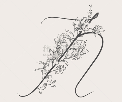 品牌名称,印有花压字品牌,动物手,英文字母N,华丽的,请柬,有叶的,绘制,花,问候