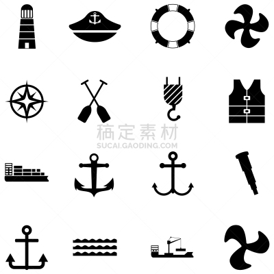 海港,图标集,分离着色,白色,水上飞机,图像,海洋,船,锚,雷达