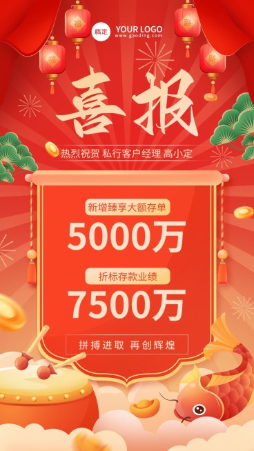 金融银行销售业绩表彰喜报国潮风插画手机海报预览效果
