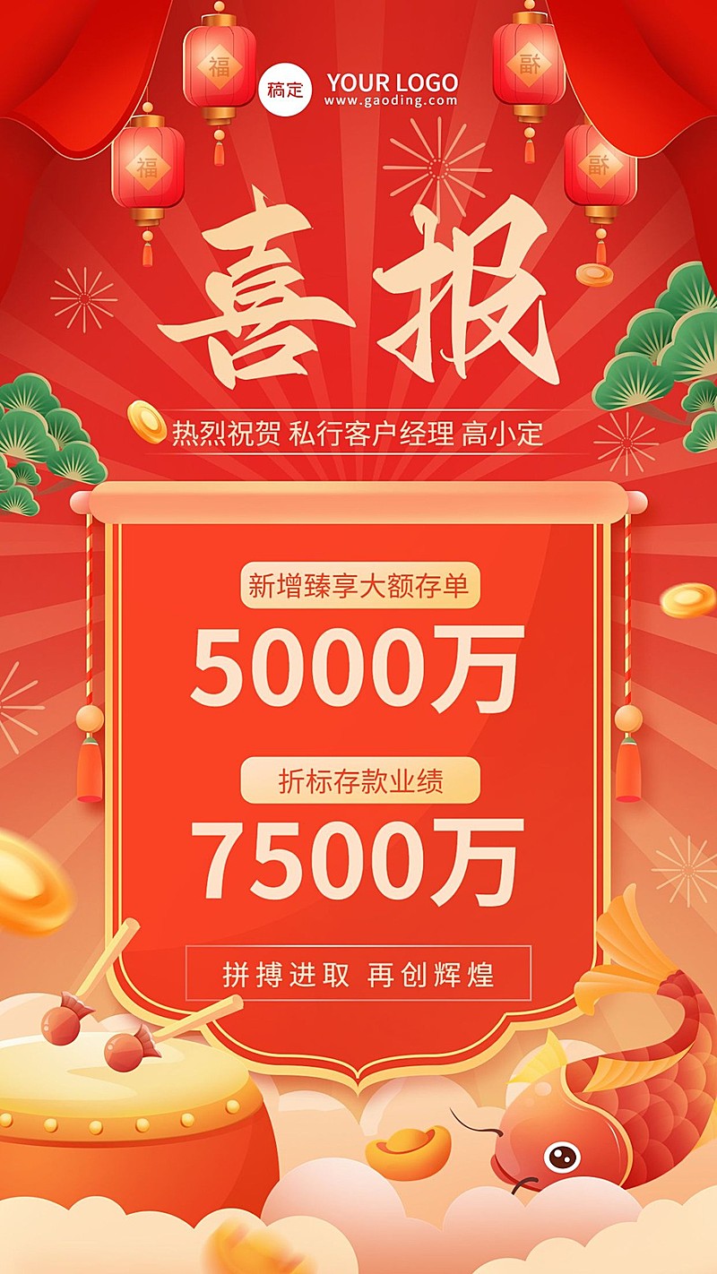 金融银行销售业绩表彰喜报国潮风插画手机海报