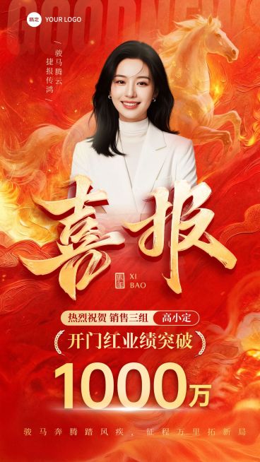 开门红金融保险马年人物业绩喜报手机海报预览效果
