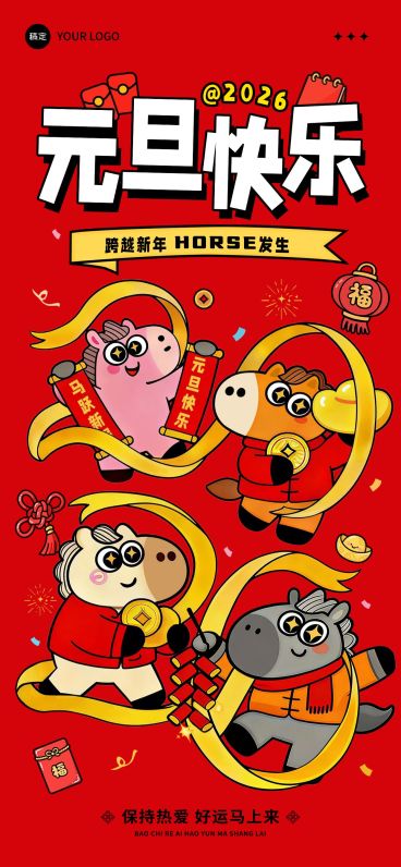 元旦节日祝福趣味感可爱小马全屏竖版海报预览效果