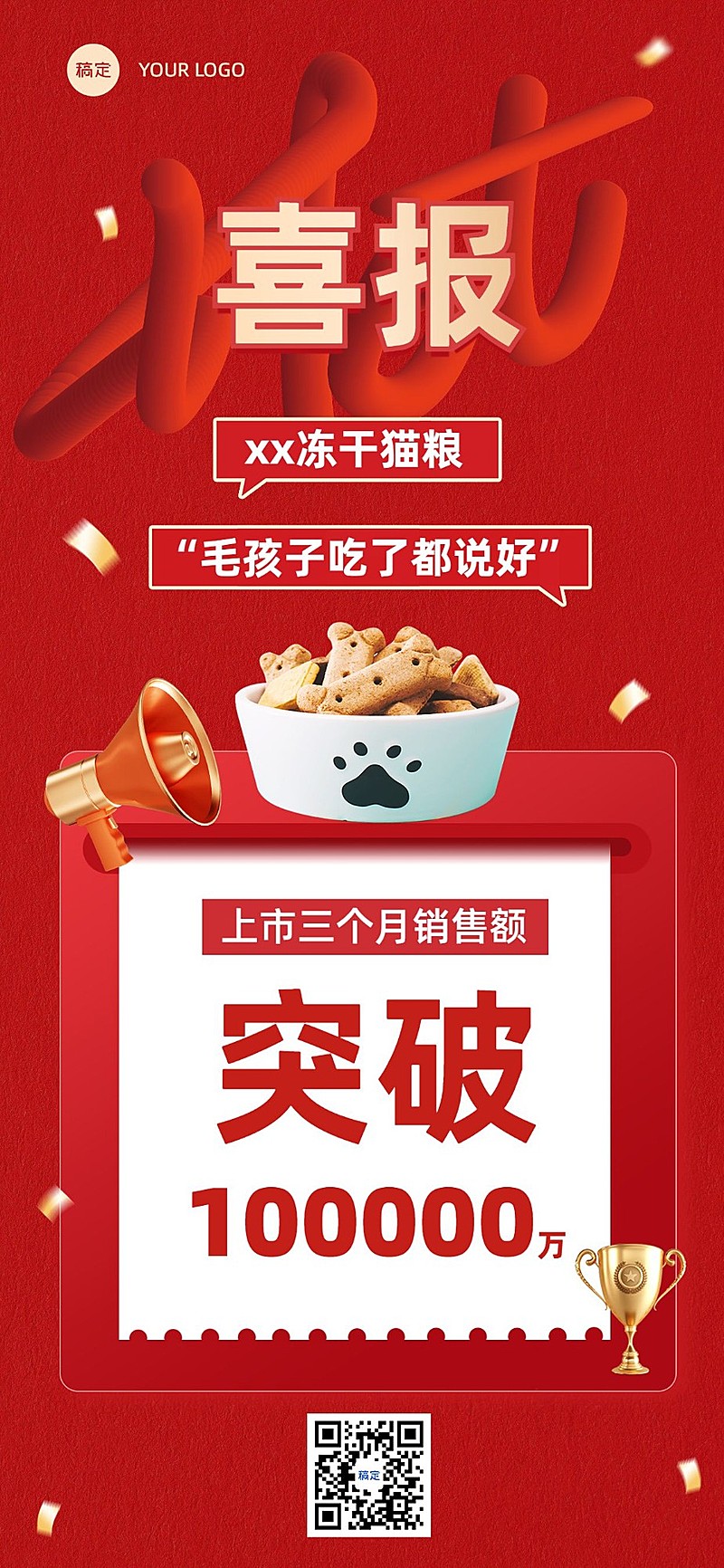 宠物微商直播战报产品销量数据喜报全屏竖版海报3D字体