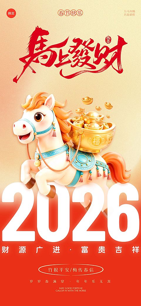 2026新年马年春节节日祝福通用趣味感全屏竖版海报