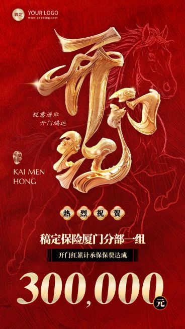 开门红金融保险马年业绩喜报手机海报预览效果