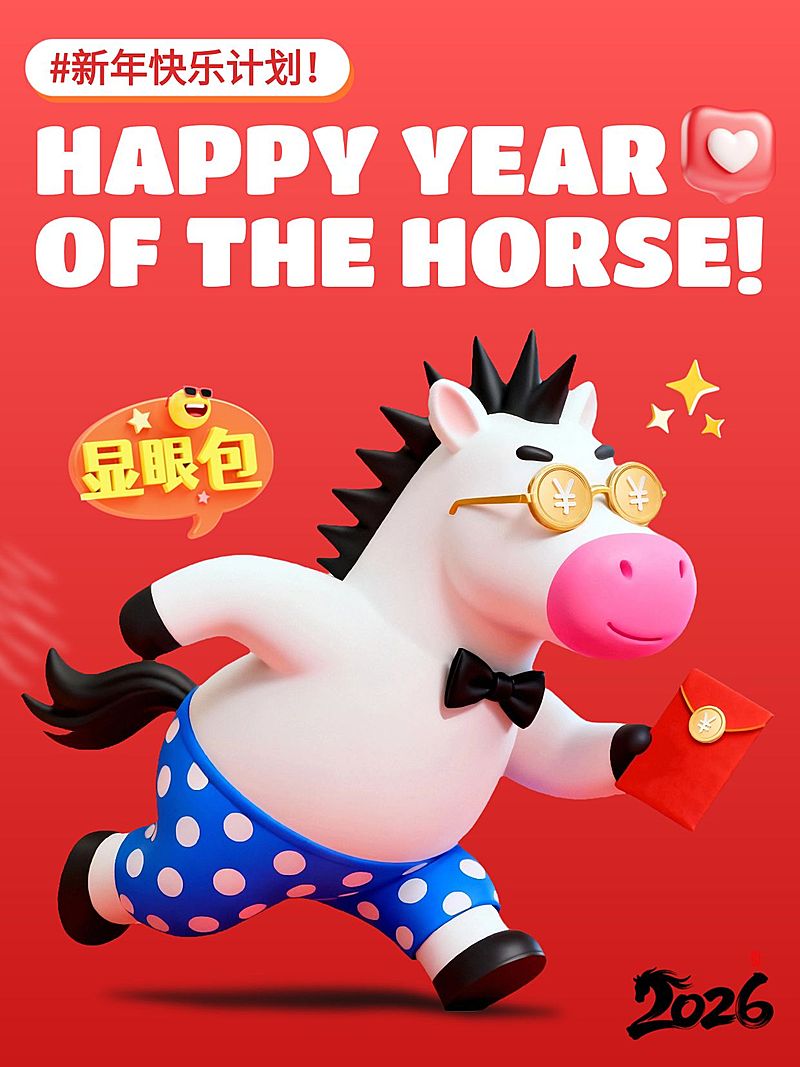 元旦节日祝福趣味感中式感马年小红书封面