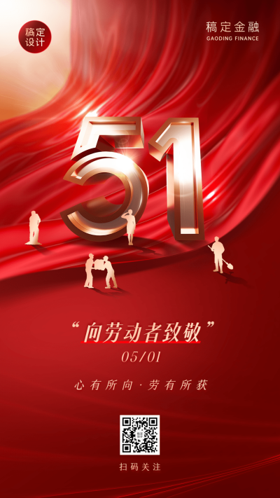 五一劳动节金融保险节日祝福大字喜庆手机海报