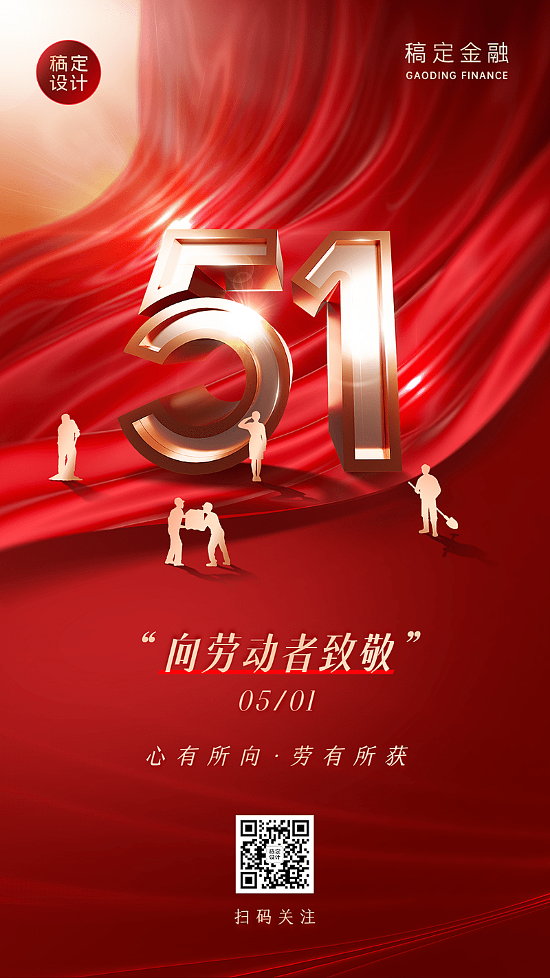 五一劳动节金融保险节日祝福大字喜庆手机海报
