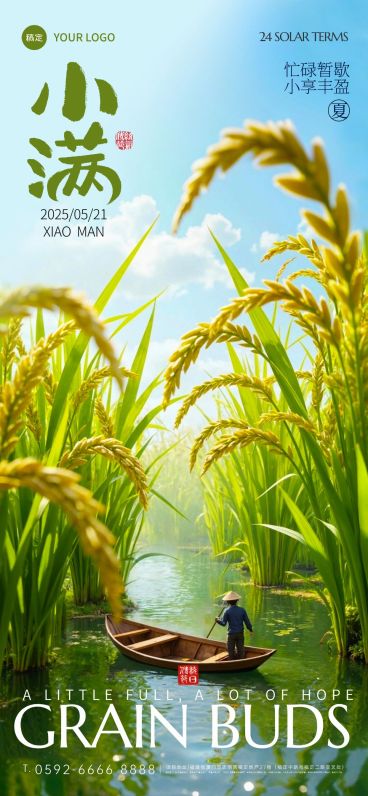 小满节气祝福肌理感麦田人物海报预览效果
