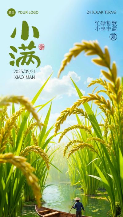 小满节气祝福肌理感麦田人物海报