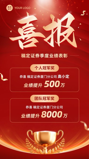 金融证券业绩表彰喜报红金喜庆风手机海报预览效果