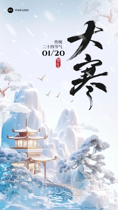 大寒节气祝福中式感全屏竖版海报AIGC
