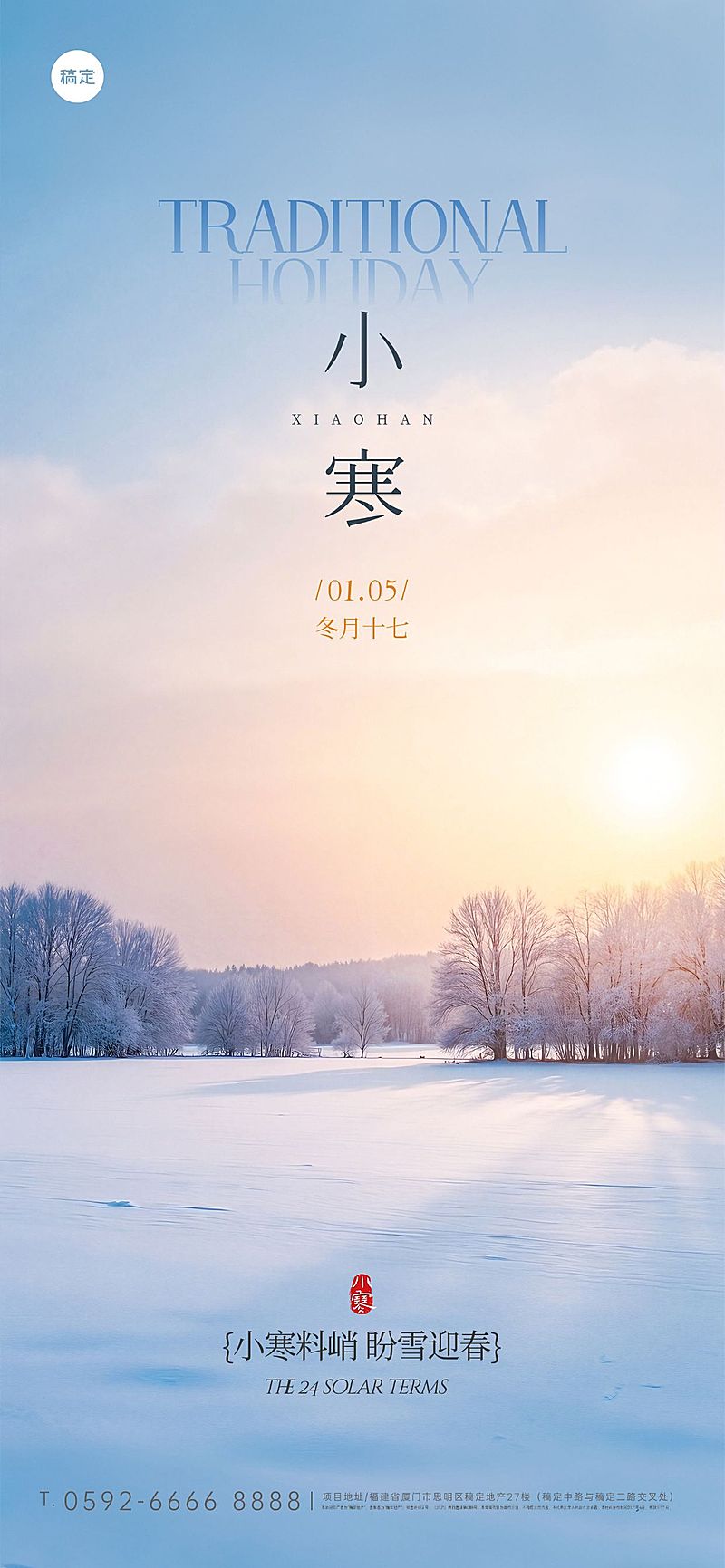 小寒节气祝福实景感雪松通用全屏竖版海报