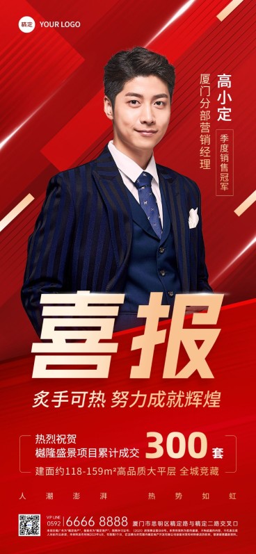 房地产销售中介加推业绩表彰人物喜报全屏竖版海报预览效果