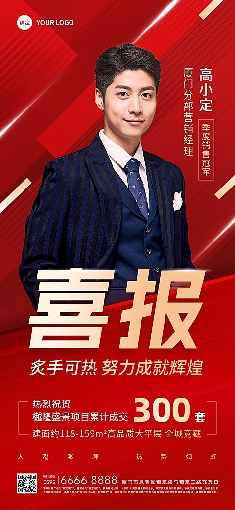 房地产销售中介加推业绩表彰人物喜报全屏竖版海报