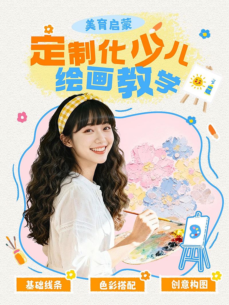教育培训K12教育定制绘画课程介绍人像小红书封面
