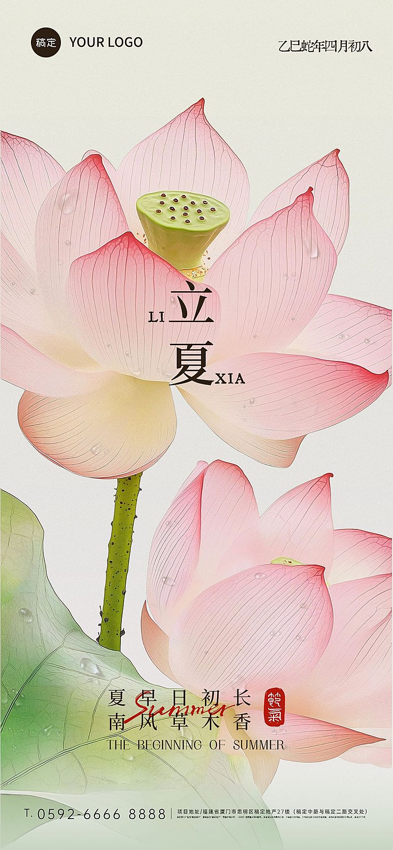 立夏国风荷花水珠近景背景全屏手机海报