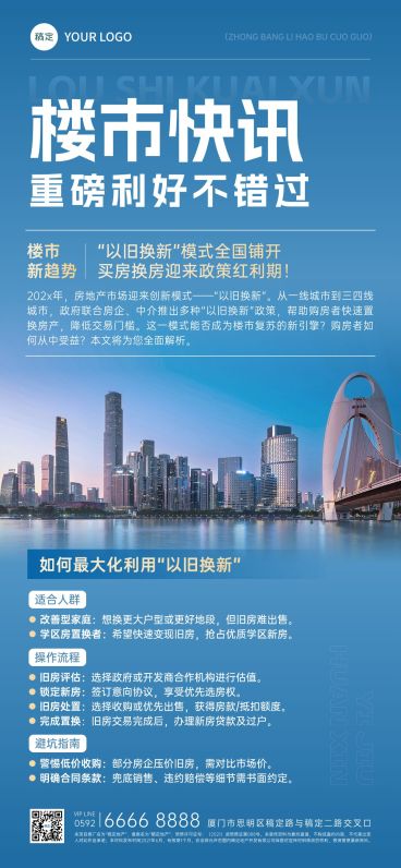 蓝色实景风地产楼市资讯通知手机全屏海报预览效果