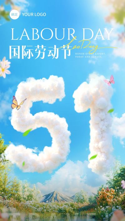 劳动节旅游清新云朵51草地天空海报AIGC