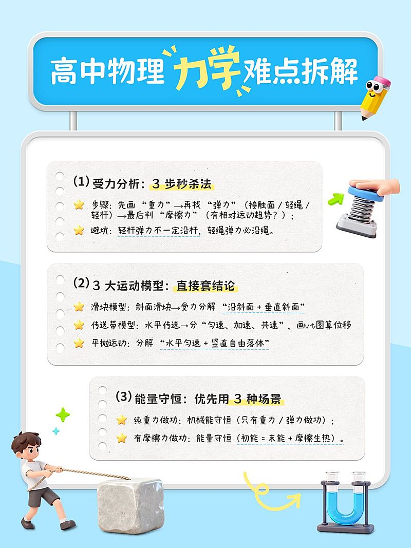 教育培训高中物理力学知识点科普趣味插画风小红书配图
