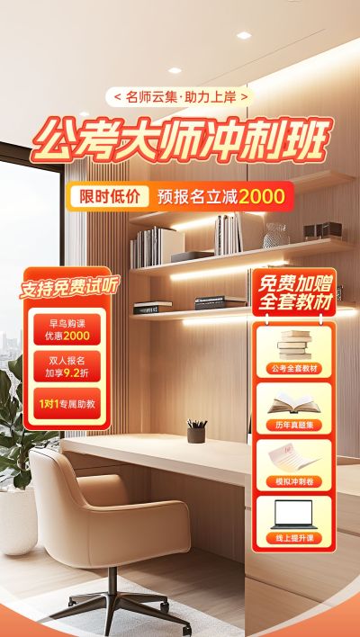 公考课程红色家居教育培训直播间贴片背景组合AIGC