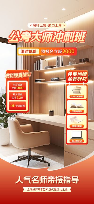 公考课程红色家居教育培训直播间贴片背景组合AIGC