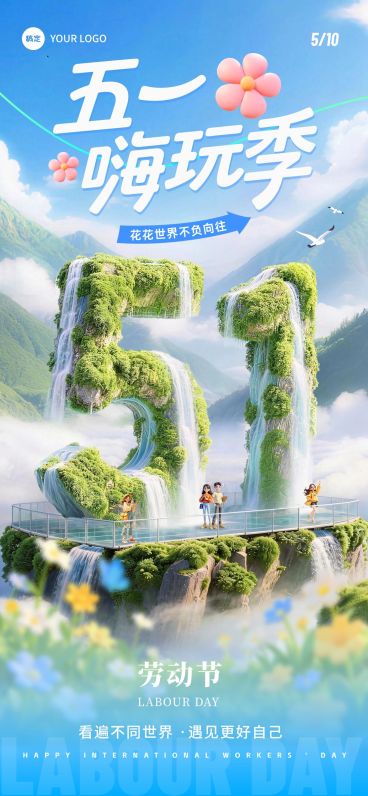 51五一劳动节节日祝福旅游出行清新感3D全屏海报预览效果