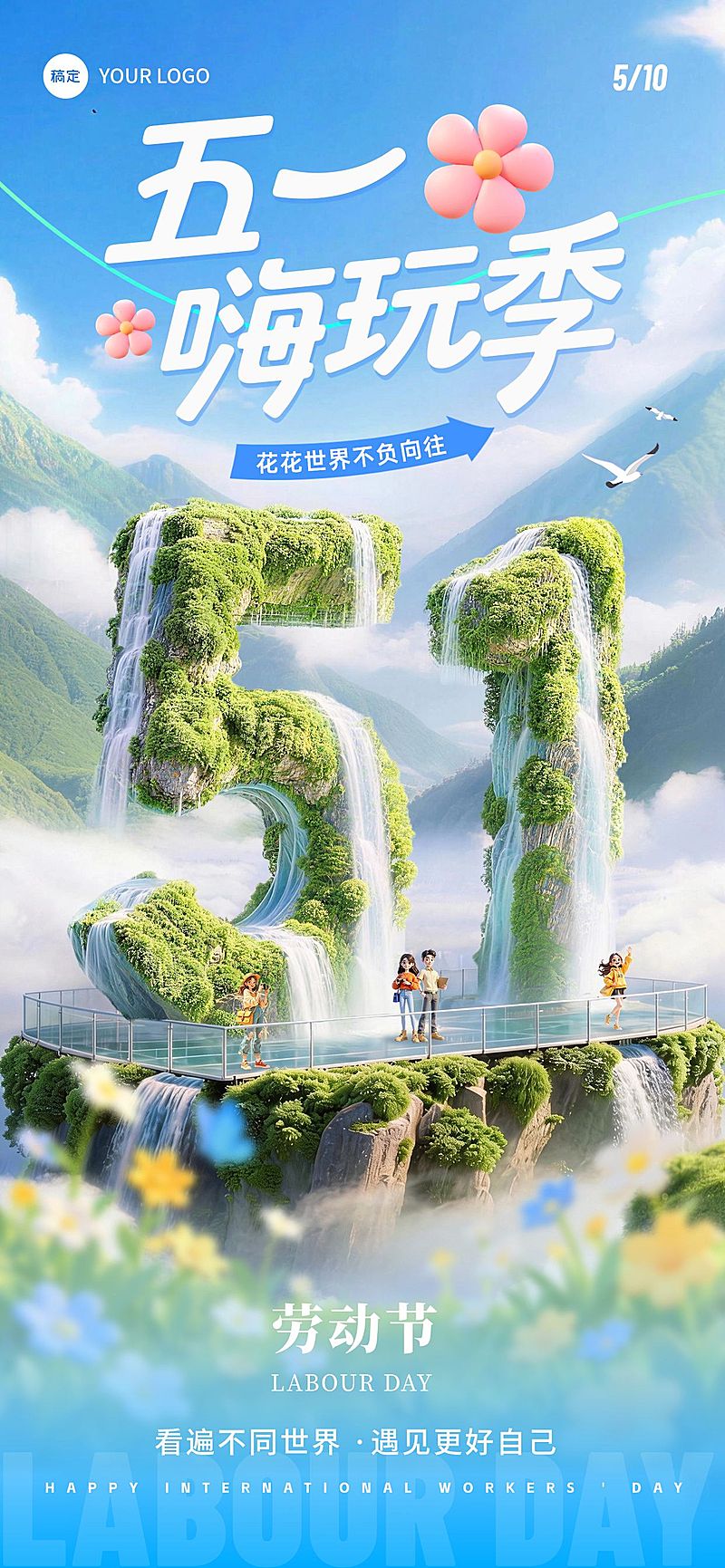 51五一劳动节节日祝福旅游出行清新感3D全屏海报
