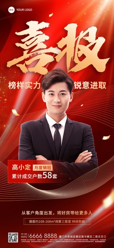 房地产销售中介加推业绩表彰人物喜报全屏竖版海报预览效果