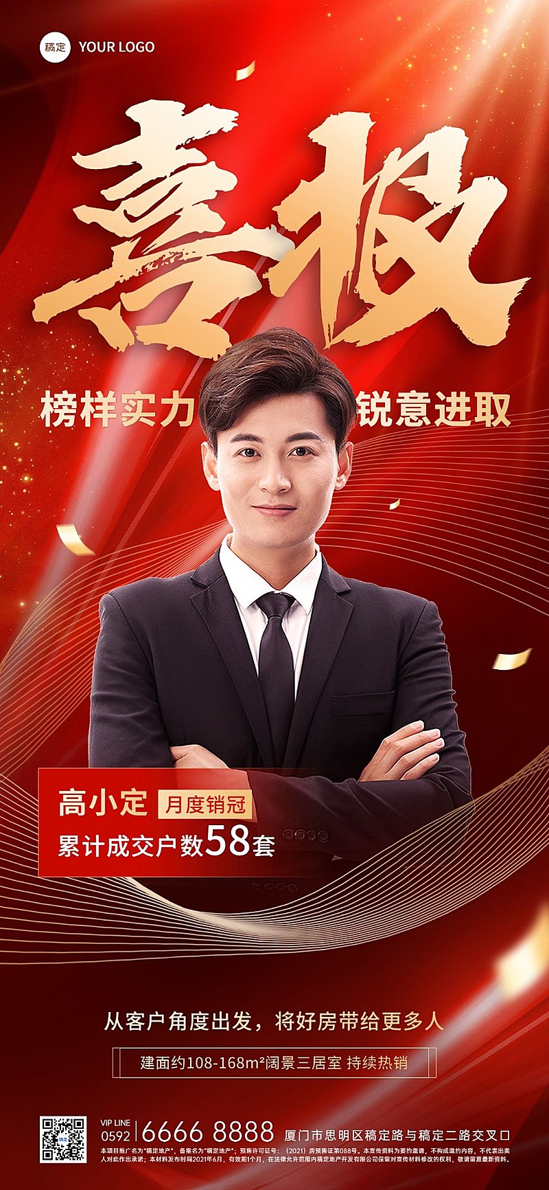 房地产销售中介加推业绩表彰人物喜报全屏竖版海报