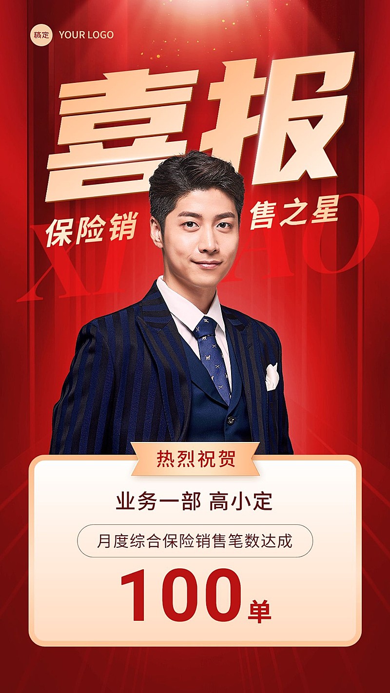 金融保险销售业绩表彰人物喜报喜庆风手机海报