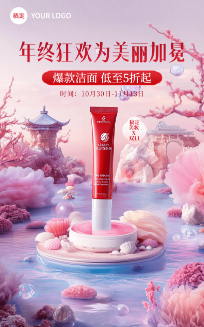 双十一美妆护肤化妆品虚拟自然电商竖版海报AIGC预览效果