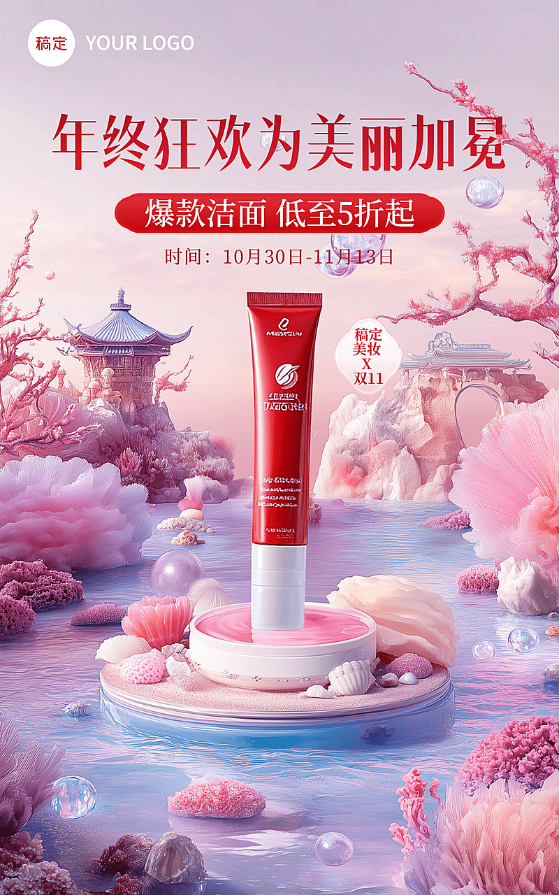 双十一美妆护肤化妆品虚拟自然电商竖版海报AIGC