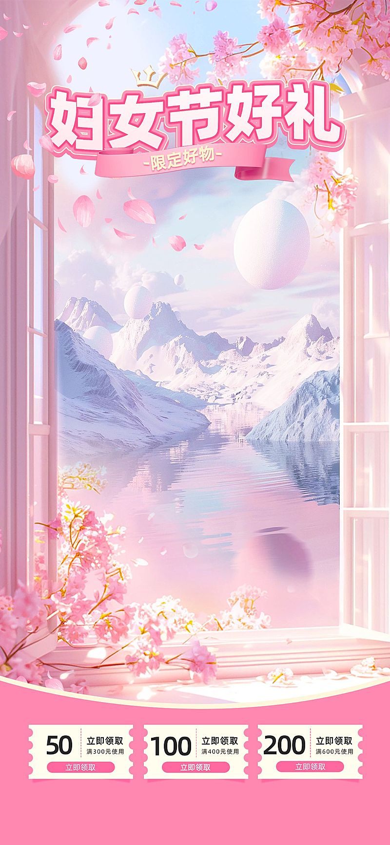 38女神节梦幻感花朵展台直播背景贴片套装