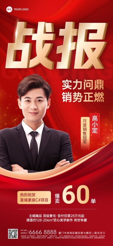 房地产销售中介业绩加推表彰人物喜报战报全屏竖版海报AIGC预览效果