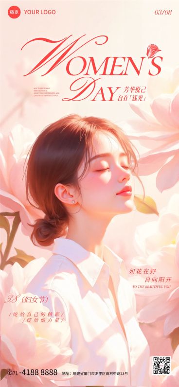 三八妇女节女神节女王节节日祝福通用唯美感全屏竖版海报预览效果