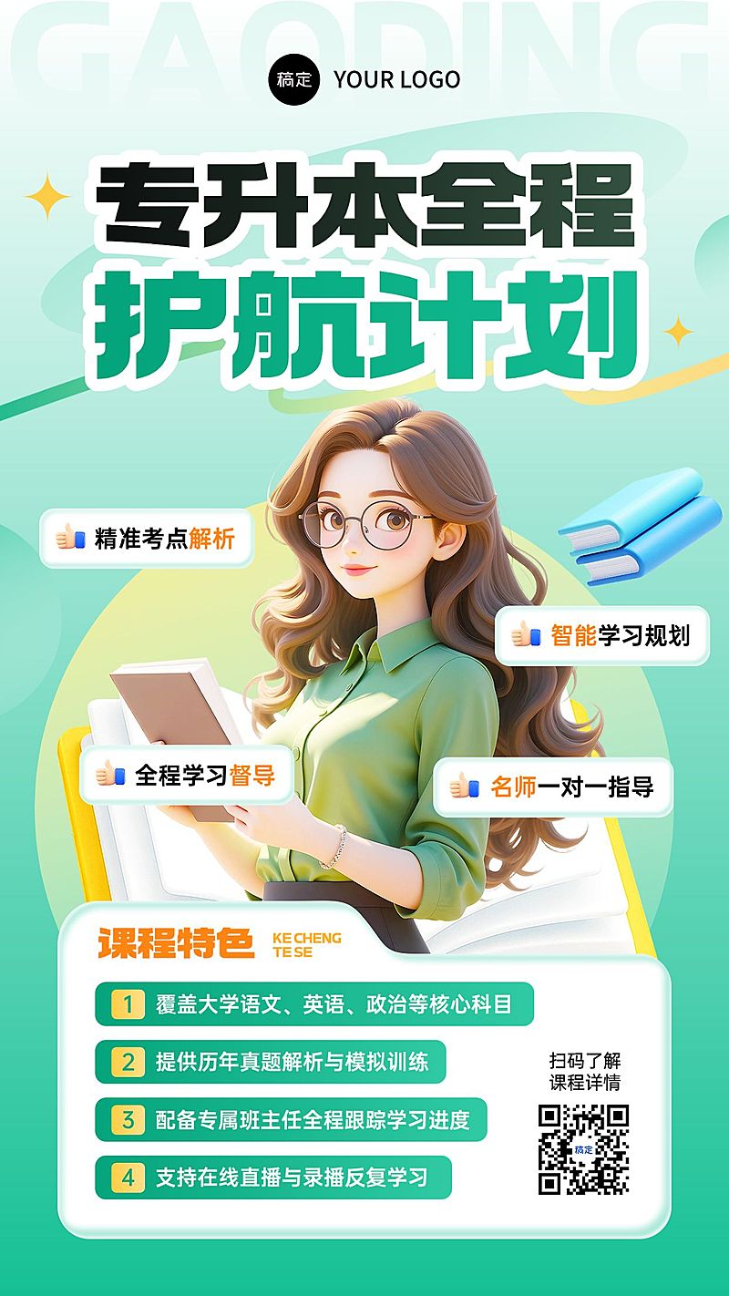 教育培训学历教育专升本3D人物课程营销活动宣传海报AIGC