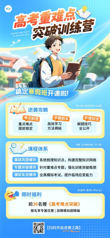 教育培训K12教育高中教育补习班招生引流漫画风全屏竖版海报预览效果