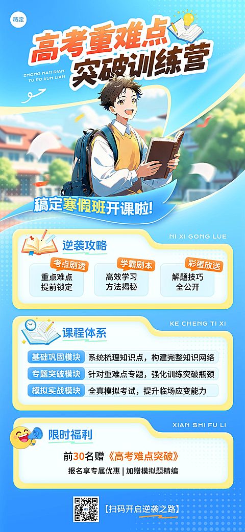 教育培训K12教育高中教育补习班招生引流漫画风全屏竖版海报
