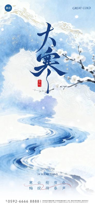 大寒节气祝福梅花河流静谧感通用全屏竖版海报预览效果